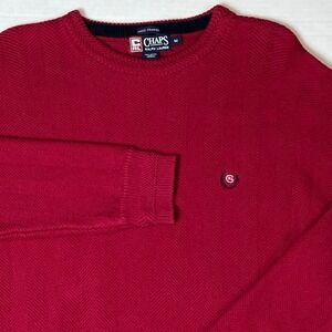 Chaps Ralph Lauren Mens Red Herringbone Crewneck Cotton Sweater Medium Vintage